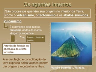 Os agentes internos
Vulcanismo
Vulcão Stromboli, na Itália.
Jean
du
Boisberranger/Hemis/Corbis/LatinStock
São processos que têm sua origem no interior da Terra,
como o vulcanismo, o tectonismo e os abalos sísmicos.
Através de fendas ou
aberturas da crosta
terrestre.
Lavas, cinzas e
gases.
É a atividade pela qual os
materiais vindos do manto
atingem a superfície.
Parte
integrante
da
obra
Geografia
Homem
&
Espaço,
Editora
Saraiva
A acumulação e consolidação da
lava expelida pelos vulcões podem
dar origem a montanhas e ilhas.
 