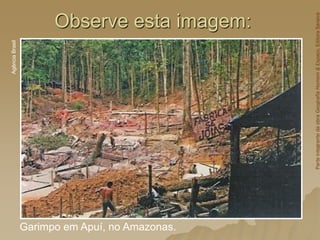 Observe esta imagem:
Garimpo em Apuí, no Amazonas.
Agência
Brasil
Parte
integrante
da
obra
Geografia
Homem
&
Espaço,
Editora
Saraiva
 