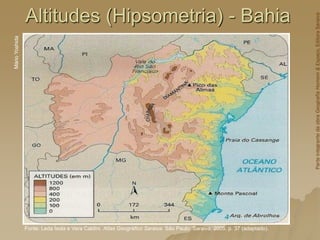 Altitudes (Hipsometria) - Bahia
Mário
Yoshida
Fonte: Leda Ísola e Vera Caldini. Atlas Geográfico Saraiva. São Paulo: Saraiva, 2005. p. 37 (adaptado).
Parte
integrante
da
obra
Geografia
Homem
&
Espaço,
Editora
Saraiva
 