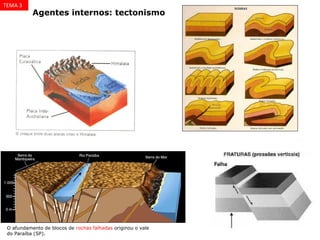 Agentes internos: tectonismo
O afundamento de blocos de rochas falhadas originou o vale
do Paraíba (SP).
TEMA 3
 