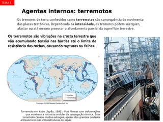 Agentes internos: terremotos
Terremoto em Kobe (Japão, 1995). Vias férreas com deformações
que mostram a natureza ondular da propagação sísmica. Esse
terremoto causou muitos estragos, apesar dos grandes cuidados
antissísmicos nas infraestruturas do Japão mações que mostram a
CID
Os terremotos são vibrações na crosta terrestre que
vão acumulando tensão nas bordas até o limite de
resistência das rochas, causando rupturas ou falhas.
TEMA 3
 