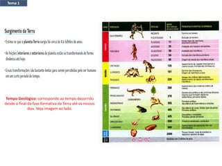 Tempo Geológico: corresponde ao tempo decorrido
desde o final da fase formativa da Terra até os nossos
dias. Veja imagem ao lado.
Tema 1
 