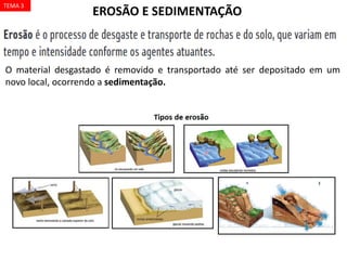 O material desgastado é removido e transportado até ser depositado em um
novo local, ocorrendo a sedimentação.
TEMA 3
EROSÃO E SEDIMENTAÇÃO
 