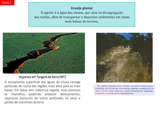 Voçoroca em Tangará da Serra (MT)
O escoamento superficial das águas da chuva carrega
partículas de rocha das regiões mais altas para as mais
baixas. Em áreas sem cobertura vegetal, esse processo
se intensifica, podendo provocar deslizamentos,
voçorocas (conjunto de sulcos profundos no solo) e
perdas de nutrientes da terra.
TEMA 3
 