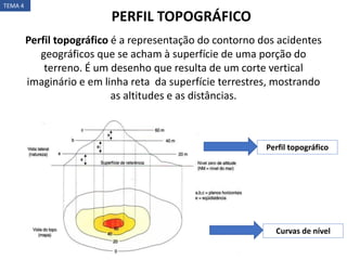 TEMA 4
PERFIL TOPOGRÁFICO
Perfil topográfico é a representação do contorno dos acidentes
geográficos que se acham à superfície de uma porção do
terreno. É um desenho que resulta de um corte vertical
imaginário e em linha reta da superfície terrestres, mostrando
as altitudes e as distâncias.
Perfil topográfico
Curvas de nível
 