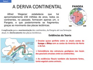 Alfred Wegener estabelecia que há
aproximadamente 230 milhões de anos, todos os
continentes, no passado, formavam apenas um, o
Pangeia, e que posteriormente se fragmentou
graças ao movimento das placas tectônicas.
Evidências da Teoria
➢ Encaixe quase perfeito entre as atuais costas da
Europa e África com as costas da América do Norte
e do Sul.
➢ Coincidência das estruturas geológicas nos locais
dos possíveis encaixes entre os continentes;
➢ As evidências fósseis também são bastante fortes,
tanto vegetais como animais.
Tema 2
 