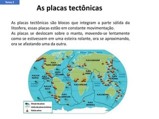 Tema 2
As placas tectônicas
As placas tectônicas são blocos que integram a parte sólida da
litosfera, essas placas estão em constante movimentação.
As placas se deslocam sobre o manto, movendo-se lentamente
como se estivessem em uma esteira rolante, ora se aproximando,
ora se afastando uma da outra.
 