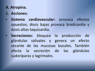 A. Atropina.
1. Acciones:
• Sistema cardiovascular: provoca efectos
opuestos; dosis bajas provoca bradicardia y
dosis altas taquicardia.
• Secreciones: bloquea la producción de
glándulas salivales y genera un efecto
secante de las mucosas bucales. También
afecta la secreción de las glándulas
sudoríparas y lagrimales.
 