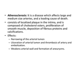 • Atherosclerosis: It is a disease which affects large and
medium size arteries, and a leading cause of death.
• consists of localized plaque in the intima, and is
composed of cholesterol esters, proliferation of
smooth muscle, deposition of fibrous proteins and
calcifications.
• Effects:
– Narrowing of the arterial lumen
– Ulceration of arterial lumen and thrombosis of artery and
embolization.
– Weakens arterial wall and formation of aneurysms.

 