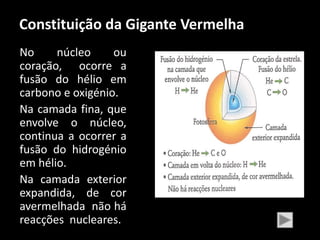 Constituição da Gigante Vermelha
No     núcleo     ou
coração, ocorre a
fusão do hélio em
carbono e oxigénio.
Na camada fina, que
envolve o núcleo,
continua a ocorrer a
fusão do hidrogénio
em hélio.
Na camada exterior
expandida, de cor
avermelhada não há
reacções nucleares.
 