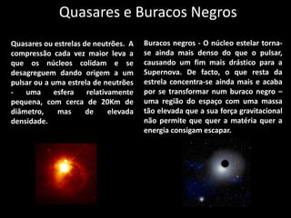 Quasares e Buracos Negros
Quasares ou estrelas de neutrões. A    Buracos negros - O núcleo estelar torna-
compressão cada vez maior leva a       se ainda mais denso do que o pulsar,
que os núcleos colidam e se            causando um fim mais drástico para a
desagreguem dando origem a um          Supernova. De facto, o que resta da
pulsar ou a uma estrela de neutrões    estrela concentra-se ainda mais e acaba
-   uma      esfera   relativamente    por se transformar num buraco negro –
pequena, com cerca de 20Km de          uma região do espaço com uma massa
diâmetro,     mas     de     elevada   tão elevada que a sua força gravitacional
densidade.                             não permite que quer a matéria quer a
                                       energia consigam escapar.
 