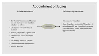 Appointment of Judges
Judicial commission
◦ The Judicial Commission of Pakistan
consists of a total of nine members
which are as follows
◦ Chief justice who is the head or
chairman
◦ 5 senior judges of the Supreme court
◦ 1 former chief justice of supreme
court
◦ The attorney general of Pakistan
◦ Federal minister for law and justice
◦ A senior advocate
Parliamentary committee
◦ -It is consist of 8 members
◦ -these 8 members are consist of 4 members of
national assembly and 4 members from senate
which are equally chosen from treasury and
opposition benches
Composition
 
