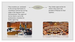 ◦ These members are nominated
by the serving Chief Justice in
consultation with the four serving
judges of the Supreme Court
aforementioned. They approved
the list which is sent to the
parliamentary committee for
further approving.
◦ They further approved the list
which is then send to the
president of Pakistan for final
signature.
Function
 