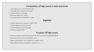 Composition of high courts in each provinces
◦ Lahore high court is composed of 60 judges
◦ Sindh high Court composed of $0 judges
◦ Peshawar High Court 20 judges
◦ Balochistan High court !! judges
◦ Islamabad high court composed of 7 judges
Eligibility
◦ 10 years experience as aducate of high courts
◦ 10 years experience of civil servant
◦ 3 years experience as district judge
◦ 10 years in judicial office
Function Of high courts
◦ exercises original jurisdiction(issuing writ for enforcement of Fundamental Rights)
◦ Supervise and control the subordinate courts
◦ Appeals made against order/judgments of special courts
◦ While other functions are replica of supreme court
 