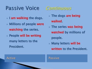 Active Passive
 I am walking the dogs.
 Millions of people were
watching the series.
 People will be writing
many letters to the
President.
 The dogs are being
walked.
 The series was being
watched by millions of
people.
 Many letters will be
written to the President.
 