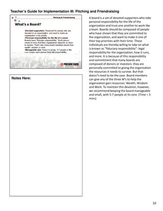 Teacher’s Guide for Implementation III: Pitching and Friendraising
                                               A board is a set of devoted supporters who take
                                               personal responsibility for the life of the
                                               organization and trust one another to work like
                                               a team. Boards should be composed of people
                                               who have shown that they are committed to
                                               the organization, and want to make it one of
                                               their top priorities with their time. These
                                               individuals are thereby willing to take on what
                                               is known as “fiduciary responsibility”: legal
                                               responsibility for the organization, how it runs,
                                               and more. It is because of this responsibility
                                               and commitment that many boards are
                                               composed of donors or investors: they are
                                               personally committed to giving the organization
                                               the resources it needs to survive. But that
                                               doesn’t need to be the case. Board members
Notes Here:                                    can give any of the three W’s to help the
                                               organization gain resources: Wealth, Wisdom
                                               and Work. To maintain this devotion, however,
                                               we recommend keeping the board manageable
                                               and small, with 5-7 people at its core. (Time = 3
                                               mins)




                                                                                                   10
 