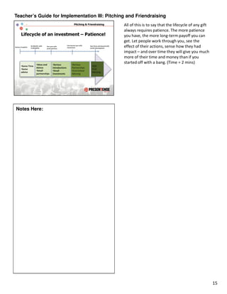Teacher’s Guide for Implementation III: Pitching and Friendraising
                                               All of this is to say that the lifecycle of any gift
                                               always requires patience. The more patience
                                               you have, the more long-term payoff you can
                                               get. Let people work through you, see the
                                               effect of their actions, sense how they had
                                               impact – and over time they will give you much
                                               more of their time and money than if you
                                               started off with a bang. (Time = 2 mins)




Notes Here:




                                                                                                      15
 