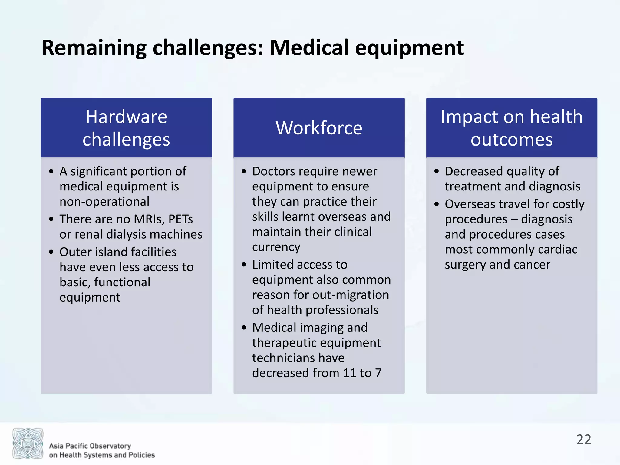 22
Remaining challenges: Medical equipment
Hardware
challenges
• A significant portion of
medical equipment is
non-operational
• There are no MRIs, PETs
or renal dialysis machines
• Outer island facilities
have even less access to
basic, functional
equipment
Workforce
• Doctors require newer
equipment to ensure
they can practice their
skills learnt overseas and
maintain their clinical
currency
• Limited access to
equipment also common
reason for out-migration
of health professionals
• Medical imaging and
therapeutic equipment
technicians have
decreased from 11 to 7
Impact on health
outcomes
• Decreased quality of
treatment and diagnosis
• Overseas travel for costly
procedures – diagnosis
and procedures cases
most commonly cardiac
surgery and cancer
 