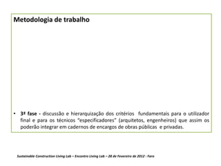 Metodologia de trabalho




• 3ª fase - discussão e hierarquização dos critérios fundamentais para o utilizador
  final e para os técnicos “especificadores” (arquitetos, engenheiros) que assim os
  poderão integrar em cadernos de encargos de obras públicas e privadas.




 Sustainable Construction Living Lab – Encontro Living Lab – 28 de Fevereiro de 2012 - Faro
 