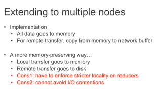 Extending to multiple nodes
•  Implementation
•  All data goes to memory
•  For remote transfer, copy from memory to network buffer
•  A more memory-preserving way…
•  Local transfer goes to memory
•  Remote transfer goes to disk
•  Cons1: have to enforce stricter locality on reducers
•  Cons2: cannot avoid I/O contentions
 