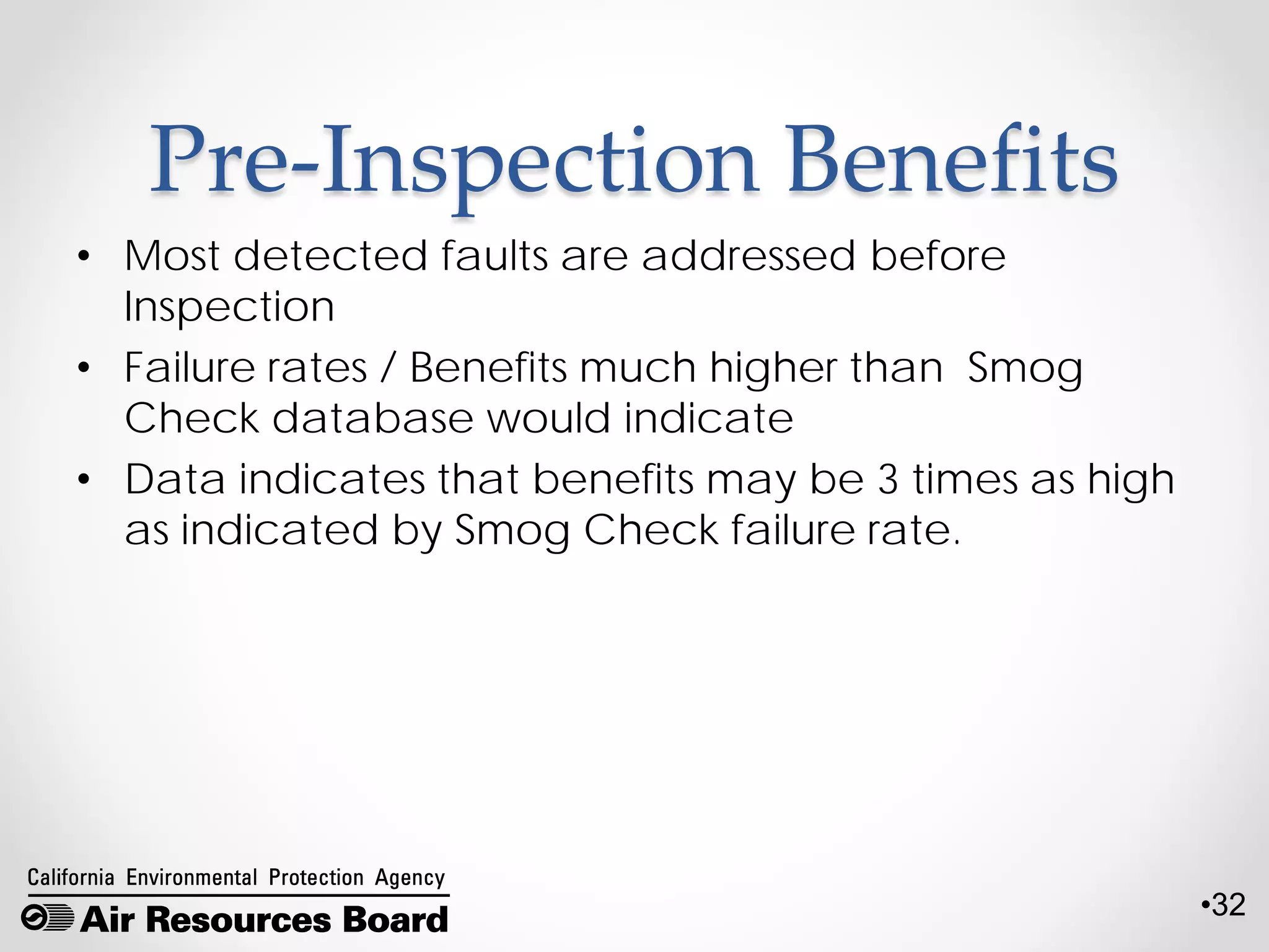•32
Pre-Inspection Benefits
• Most detected faults are addressed before
Inspection
• Failure rates / Benefits much higher than Smog
Check database would indicate
• Data indicates that benefits may be 3 times as high
as indicated by Smog Check failure rate.
 