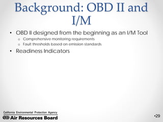 •29
Background: OBD II and
I/M
• OBD II designed from the beginning as an I/M Tool
o Comprehensive monitoring requirements
o Fault thresholds based on emission standards
• Readiness Indicators
 