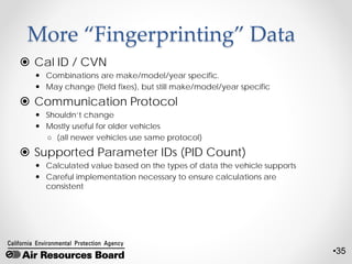 •35
More “Fingerprinting” Data
 Cal ID / CVN
 Combinations are make/model/year specific.
 May change (field fixes), but still make/model/year specific
 Communication Protocol
 Shouldn’t change
 Mostly useful for older vehicles
○ (all newer vehicles use same protocol)
 Supported Parameter IDs (PID Count)
 Calculated value based on the types of data the vehicle supports
 Careful implementation necessary to ensure calculations are
consistent
 
