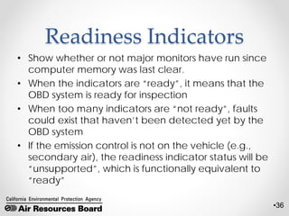 •36
Readiness Indicators
• Show whether or not major monitors have run since
computer memory was last clear.
• When the indicators are “ready”, it means that the
OBD system is ready for inspection
• When too many indicators are “not ready”, faults
could exist that haven’t been detected yet by the
OBD system
• If the emission control is not on the vehicle (e.g.,
secondary air), the readiness indicator status will be
“unsupported”, which is functionally equivalent to
“ready”
 