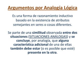 Argumentos por Analogía Lógica
  Es una forma de razonamiento inductivo
    basado en la existencia de atributos
  semejantes en seres o cosas diferentes.

Se parte de una similitud observada entre dos
 situaciones (SITUACIONES ANÁLOGAS) y se
      concluye, por analogía, que alguna
    característica adicional de una de ellas
 también debe estar (o es posible que esté)
              presente en la otra.
 