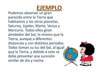 EJEMPLO
Podemos observar un gran
parecido entre la Tierra que
habitamos y los otros planetas,
Saturno, Júpiter, Marte, Venus y
Mercurio. Todos ellos giran
alrededor del Sol, lo mismo que la
Tierra, aunque a diferentes
distancias y con distintos periodos.
Todos toman su luz del Sol, al igual
que la Tierra, y debido a esto se
debe presentar una sucesión
similar de día y noche.
 