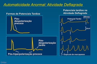 Automaticidade Anormal: Atividade Deflagrada
Formas de Potenciais Tardios
Pós-
despolarização
precoce
Pós-hiperpolarização precoce
Potenciais tardios na
Atividade Deflagrada
= Espícula de marcapasso
500msec
25mV
Pós-
despolarização
tardio
Potencial Tardio
CVSJr.
 