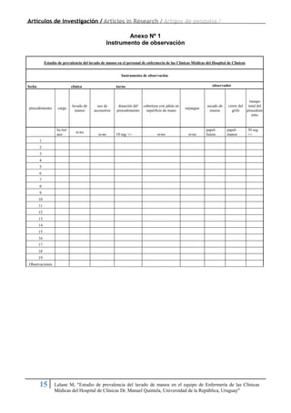 Artículos de investigación / Articles in Research / Artigos de pesquisa /
15 Lalane M, "Estudio de prevalencia del lavado de manos en el equipo de Enfermería de las Clínicas
Médicas del Hospital de Clínicas Dr. Manuel Quintela, Universidad de la República, Uruguay"
Anexo Nº 1
Instrumento de observación
Estudio de prevalencia del lavado de manos en el personal de enfermería de las Clínicas Médicas del Hospital de Clínicas
Instrumento de observación
fecha clínica turno observador
procedimiento cargo
lavado de
manos
uso de
accesorios
duración del
procedimiento
cobertura con jabón en
superficie de mano
enjuague
secado de
manos
cierre del
grifo
tiempo
total del
procedimi
ento
lic/int/
aux
si-no
si-no 10 seg +/- si-no si-no
papel-
lienzo
papel-
manos
30 seg
+/-
1
2
3
4
5
6
7
8
9
10
11
12
13
14
15
16
17
18
19
Observaciones
 
