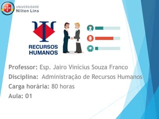 Professor: Esp. Jairo Vinícius Souza Franco
Disciplina: Administração de Recursos Humanos
Carga horária: 80 horas
Aula: 01
 