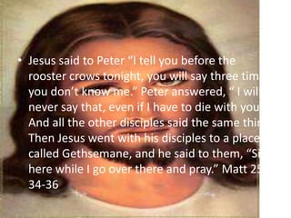 • Jesus said to Peter “I tell you before the
  rooster crows tonight, you will say three times
  you don’t know me.” Peter answered, “ I will
  never say that, even if I have to die with you!”
  And all the other disciples said the same thing.
  Then Jesus went with his disciples to a place
  called Gethsemane, and he said to them, “Sit
  here while I go over there and pray.” Matt 25:
  34-36
 
