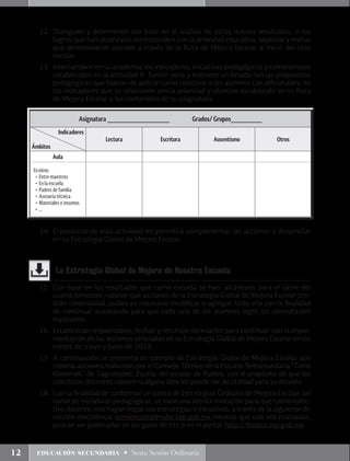 12 educación secundaria • Sexta Sesión Ordinaria
12.	Dialoguen y determinen con base en el análisis de estos nuevos resultados, si los
logros que han alcanzado corresponden con la prioridad educativa, objetivo y metas
que determinaron atender a través de la Ruta de Mejora Escolar al inicio del ciclo
escolar.
13.	 Intercambien en su academia, los indicadores, iniciativas pedagógicas y compromisos
establecidos en la actividad 9. Tomen nota y elaboren un listado con las propuestas
pedagógicas que habrán de aplicar como colectivo a los alumnos con dificultades, en
los indicadores que se relacionen con la prioridad y objetivo establecido en su Ruta
de Mejora Escolar y los contenidos de su asignatura.
14.	 El producto de esta actividad les permitirá complementar las acciones a desarrollar
en su Estrategia Global de Mejora Escolar.
Asignatura ____________________ Grados/ Grupos__________
Indicadores
Ámbitos
Lectura Escritura Ausentismo Otros
Aula
Enotros:
•	Entre maestros
•	En la escuela
•	Padres de familia
•	Asesoría técnica
•	Materiales e insumos
•	…
La Estrategia Global de Mejora de Nuestra Escuela
15.	 Con base en los resultados que como escuela se han alcanzado para el cierre del
cuarto bimestre, valoren qué acciones de la Estrategia Global de Mejora Escolar ten-
drán continuidad, cuáles es necesario modificar o agregar, todo ello con la finalidad
de continuar avanzando para que cada uno de los alumnos logre los aprendizajes
esperados.
16.	 Establezcan responsables, fechas y recursos necesarios para continuar con la imple-
mentación de las acciones señaladas en su Estrategia Global de Mejora Escolar en los
meses de mayo y junio de 2016.
17.	 A continuación se presenta un ejemplo de Estrategia Global de Mejora Escolar que
retoma acciones realizadas por el Consejo Técnico de la Escuela Telesecundaria “Tonal
Konemek” de Tagcotepec, Zautla, del estado de Puebla, con el propósito de que los
colectivos docentes valoren si alguna idea les puede ser de utilidad para su escuela.
18.	 Con la finalidad de conformar un banco de Estrategias Globales de Mejora Escolar, así
como de iniciativas pedagógicas, se hace una atenta invitación para que como colec-
tivo docente, nos hagan llegar sus estrategias e iniciativas, a través de la siguiente di-
rección electrónica: enmiescuela@nube.sep.gob.mx mismas que una vez evaluadas,
podrán ser publicadas en las guías de cte o en el portal: http://basica.sep.gob.mx
 