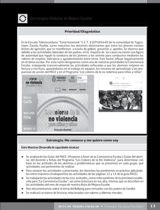 ruta de mejora escolar • Consejos Técnicos Escolares 13
Prioridad/Diagnóstico
En la Escuela Telesecundaria “Tonal Konemek” C.C.T. 21DTV0564O de la comunidad de Tagco-
tepec Zautla, Puebla, turno matutino, los docentes detectamos que entre los jóvenes existen
brotes de agresión, que se manifiestan a través de golpes, groserías y apodos. Se observa que
debido a las actividades laborales de los padres, en la mayoría de los casos no existe una figura
de autoridad que regule la conducta de los jóvenes y los oriente para conducirse mediante los
valores de respeto, tolerancia y agradecimiento entre otros. Este factor influye negativamente
en el clima escolar. Por esta razón designamos como una de nuestras prioridades la Convivencia
Escolar, trabajando transversalmente las actividades enfocadas a que los alumnos mejoren en
lectura y escritura, apoyándonos en el trabajo en equipos, los rincones de aprendizaje y las pro-
puestas de acción del PACE y en el Programa “Los colores de la no violencia para niños y niñas”.
Estrategias Globales de Mejora Escolar
Estrategia: Me conozco y me quiero como soy
Entre Maestros (Desarrollo de capacidades técnicas)
➤	 Se analizarán las Guías del PACE, (Proyecto a favor de la Convivencia Escolar.) Guías del alum-
no, del docente y fichas del Programa “Los Colores de la No Violencia”, para determinar con
base en las actitudes de los alumnos y problemáticas que se presentan en cada grupo, qué
actividades son pertinentes de realizar.
➤	 Para conocer las actividades y priorizarlas, los docentes las pondremos en práctica aplicándo-
las entre maestros (trabajaremos las actividades de las páginas 12 y 13 de la guía PACE).
➤	 Se trabajarán las actividades de las tres actitudes, como reforzamiento de la prioridad estable-
cida para “La Convivencia Escolar”, así como la lectura en voz alta, mismas que se describen en
las actividades del mes de mayo de nuestra Ruta de Mejora Escolar.
➤	 Nos documentamos sobre el tema del Bullying para revisarlos con los padres de familia.
➤	 Se realizará un banco de lecturas relacionadas con valores y dilemas morales.
 