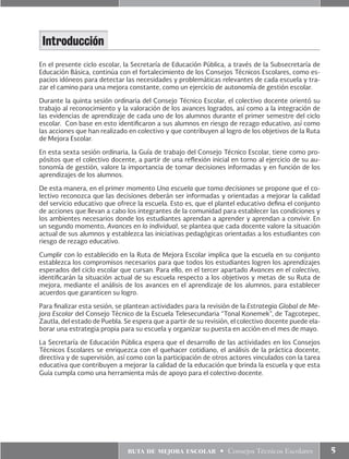 ruta de mejora escolar • Consejos Técnicos Escolares 5
En el presente ciclo escolar, la Secretaría de Educación Pública, a través de la Subsecretaría de
Educación Básica, continúa con el fortalecimiento de los Consejos Técnicos Escolares, como es-
pacios idóneos para detectar las necesidades y problemáticas relevantes de cada escuela y tra-
zar el camino para una mejora constante, como un ejercicio de autonomía de gestión escolar.
Durante la quinta sesión ordinaria del Consejo Técnico Escolar, el colectivo docente orientó su
trabajo al reconocimiento y la valoración de los avances logrados, así como a la integración de
las evidencias de aprendizaje de cada uno de los alumnos durante el primer semestre del ciclo
escolar. Con base en esto identificaron a sus alumnos en riesgo de rezago educativo, así como
las acciones que han realizado en colectivo y que contribuyen al logro de los objetivos de la Ruta
de Mejora Escolar.
En esta sexta sesión ordinaria, la Guía de trabajo del Consejo Técnico Escolar, tiene como pro-
pósitos que el colectivo docente, a partir de una reflexión inicial en torno al ejercicio de su au-
tonomía de gestión, valore la importancia de tomar decisiones informadas y en función de los
aprendizajes de los alumnos.
De esta manera, en el primer momento Una escuela que toma decisiones se propone que el co-
lectivo reconozca que las decisiones deberán ser informadas y orientadas a mejorar la calidad
del servicio educativo que ofrece la escuela. Esto es, que el plantel educativo defina el conjunto
de acciones que llevan a cabo los integrantes de la comunidad para establecer las condiciones y
los ambientes necesarios donde los estudiantes aprendan a aprender y aprendan a convivir. En
un segundo momento, Avances en lo individual, se plantea que cada docente valore la situación
actual de sus alumnos y establezca las iniciativas pedagógicas orientadas a los estudiantes con
riesgo de rezago educativo.
Cumplir con lo establecido en la Ruta de Mejora Escolar implica que la escuela en su conjunto
establezca los compromisos necesarios para que todos los estudiantes logren los aprendizajes
esperados del ciclo escolar que cursan. Para ello, en el tercer apartado Avances en el colectivo,
identificarán la situación actual de su escuela respecto a los objetivos y metas de su Ruta de
mejora, mediante el análisis de los avances en el aprendizaje de los alumnos, para establecer
acuerdos que garanticen su logro.
Para finalizar esta sesión, se plantean actividades para la revisión de la Estrategia Global de Me-
jora Escolar del Consejo Técnico de la Escuela Telesecundaria “Tonal Konemek”, de Tagcotepec,
Zautla, del estado de Puebla. Se espera que a partir de su revisión, el colectivo docente puede ela-
borar una estrategia propia para su escuela y organizar su puesta en acción en el mes de mayo.
La Secretaría de Educación Pública espera que el desarrollo de las actividades en los Consejos
Técnicos Escolares se enriquezca con el quehacer cotidiano, el análisis de la práctica docente,
directiva y de supervisión, así como con la participación de otros actores vinculados con la tarea
educativa que contribuyen a mejorar la calidad de la educación que brinda la escuela y que esta
Guía cumpla como una herramienta más de apoyo para el colectivo docente.
Introducción
 