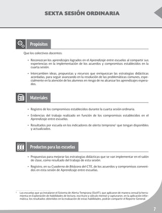Sexta Sesión Ordinaria Educación Primaria
7
SEXTA SESIÓN ORDINARIA
Que los colectivos docentes:
• Reconozcan los aprendizajes logrados en el Aprendizaje entre escuelas al compartir sus
experiencias en la implementación de los acuerdos y compromisos establecidos en la
cuarta sesión.
• Intercambien ideas, propuestas y recursos que enriquezcan las estrategias didácticas
acordadas, para seguir avanzando en la resolución de las problemáticas comunes, espe-
cialmente en la atención de los alumnos en riesgo de no alcanzar los aprendizajes espera-
dos.
• Registro de los compromisos establecidos durante la cuarta sesión ordinaria.
• Evidencias del trabajo realizado en función de los compromisos establecidos en el
Aprendizaje entre escuelas.
• Resultados por escuela en los indicadores de alerta temprana1
que tengan disponibles
y actualizados.
• Propuestas para mejorar las estrategias didácticas que se van implementar en el salón
de clase, como resultado del trabajo de esta sesión.
• Registro, en su Cuaderno de Bitácora del CTE, de los acuerdos y compromisos conveni-
dos en esta sesión de Aprendizaje entre escuelas.
Propósitos
Materiales
Productos para las escuelas
1
Las escuelas que ya instalaron el Sistema de Alerta Temprana (SisAT), que aplicaron de manera censal la herra-
mienta en Exploración de habilidades de lectura, escritura y cálculo mental y capturaron, en la aplicación infor-
mática, los resultados obtenidos en la evaluación de estas habilidades, podrán compartir el Reporte General.
 