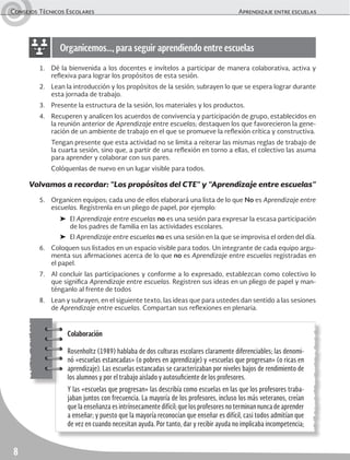 Consejos Técnicos Escolares Aprendizaje entre escuelas
8
1. Dé la bienvenida a los docentes e invítelos a participar de manera colaborativa, activa y
reflexiva para lograr los propósitos de esta sesión.
2. Lean la introducción y los propósitos de la sesión; subrayen lo que se espera lograr durante
esta jornada de trabajo.
3. Presente la estructura de la sesión, los materiales y los productos.
4. Recuperen y analicen los acuerdos de convivencia y participación de grupo, establecidos en
la reunión anterior de Aprendizaje entre escuelas; destaquen los que favorecieron la gene-
ración de un ambiente de trabajo en el que se promueve la reflexión crítica y constructiva.
Tengan presente que esta actividad no se limita a reiterar las mismas reglas de trabajo de
la cuarta sesión, sino que, a partir de una reflexión en torno a ellas, el colectivo las asuma
para aprender y colaborar con sus pares.
Colóquenlas de nuevo en un lugar visible para todos.
Volvamos a recordar: “Los propósitos del CTE” y “Aprendizaje entre escuelas”
5. Organicen equipos; cada uno de ellos elaborará una lista de lo que No es Aprendizaje entre
escuelas. Regístrenla en un pliego de papel, por ejemplo:
➤ El Aprendizaje entre escuelas no es una sesión para expresar la escasa participación
de los padres de familia en las actividades escolares.
➤ El Aprendizaje entre escuelas no es una sesión en la que se improvisa el orden del día.
6. Coloquen sus listados en un espacio visible para todos. Un integrante de cada equipo argu-
menta sus afirmaciones acerca de lo que no es Aprendizaje entre escuelas registradas en
el papel.
7. Al concluir las participaciones y conforme a lo expresado, establezcan como colectivo lo
que significa Aprendizaje entre escuelas. Registren sus ideas en un pliego de papel y man-
ténganlo al frente de todos
8. Lean y subrayen, en el siguiente texto, las ideas que para ustedes dan sentido a las sesiones
de Aprendizaje entre escuelas. Compartan sus reflexiones en plenaria.
Organicemos…, para seguir aprendiendo entre escuelas
Colaboración
Rosenholtz (1989) hablaba de dos culturas escolares claramente diferenciables; las denomi-
nó «escuelas estancadas» (o pobres en aprendizaje) y «escuelas que progresan» (o ricas en
aprendizaje). Las escuelas estancadas se caracterizaban por niveles bajos de rendimiento de
los alumnos y por el trabajo aislado y autosuficiente de los profesores.
Y las «escuelas que progresan» las describía como escuelas en las que los profesores traba-
jaban juntos con frecuencia. La mayoría de los profesores, incluso los más veteranos, creían
que la enseñanza es intrínsecamente difícil; que los profesores no terminan nunca de aprender
a enseñar; y puesto que la mayoría reconocían que enseñar es difícil, casi todos admitían que
de vez en cuando necesitan ayuda. Por tanto, dar y recibir ayuda no implicaba incompetencia;
 