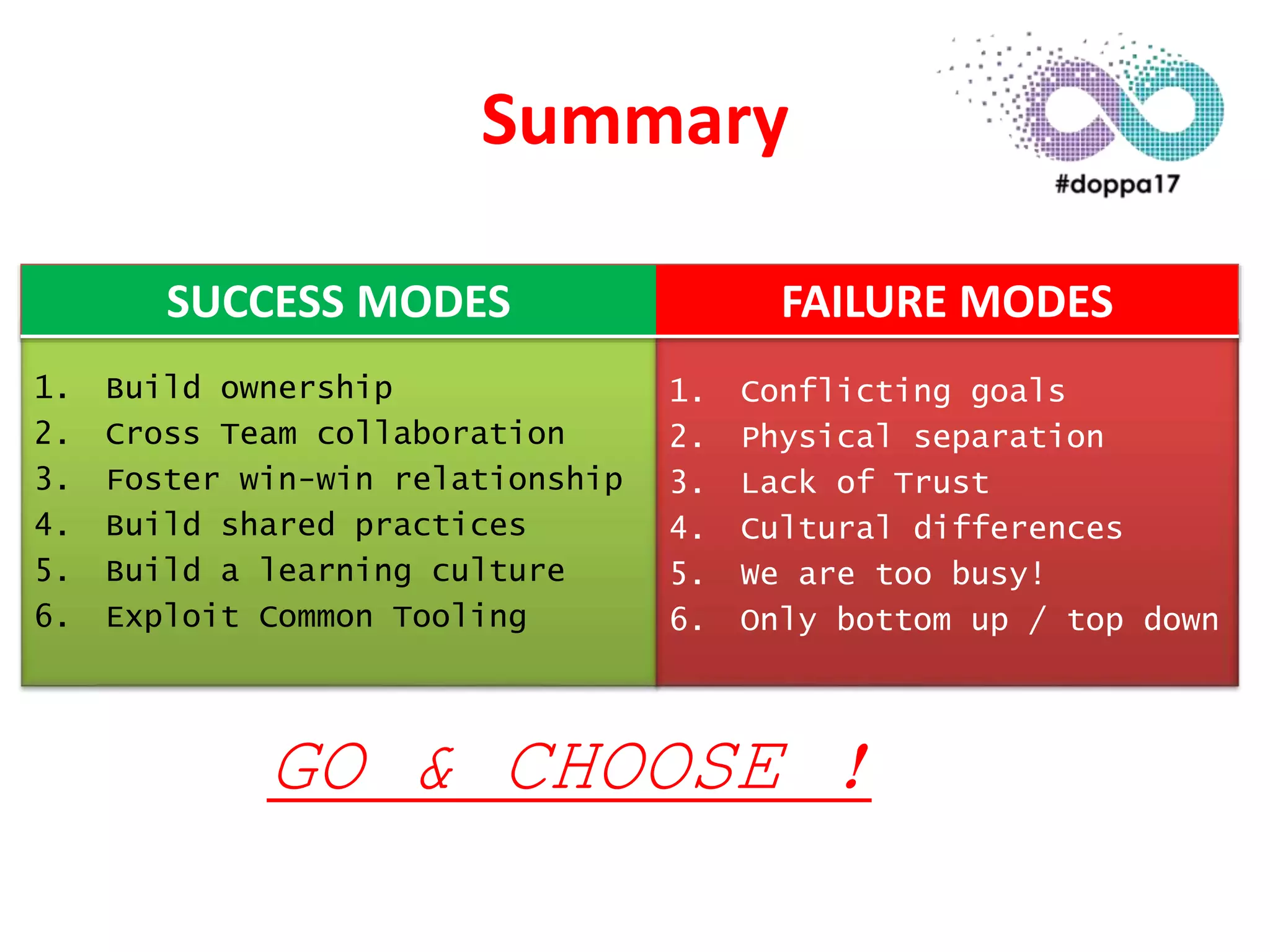 Summary
1. Build ownership
2. Cross Team collaboration
3. Foster win-win relationship
4. Build shared practices
5. Build a learning culture
6. Exploit Common Tooling
1. Conflicting goals
2. Physical separation
3. Lack of Trust
4. Cultural differences
5. We are too busy!
6. Only bottom up / top down
SUCCESS MODES FAILURE MODES
GO & CHOOSE !
 