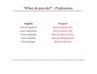 “What do you do?” : Professions

English

Punjabi

I am an Engineer

Maiṁ ik iñjīnīar hāṁ

I am a doctor(m)

Maiṁ ik ḍākṭar hāṁ

I am a doctor(f)

Maiṁ ik ḍākṭaranī hāṁ

I am a Teacher

Maiṁ ik adhyāpak hāṁ

I am a Lawyer

Maiṁ ik vakīl hāṁ

To view this with Audio and practice games, visit www.CultureAlley.com/Punjabi

 