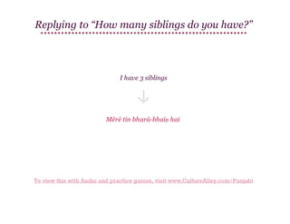 Replying to “How many siblings do you have?”

I have 3 siblings

Mērē tin bharā-bhaiṇ hai

To view this with Audio and practice games, visit www.CultureAlley.com/Punjabi

 