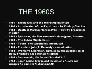 1959 - Barbie Doll and the Microchip invented 1960 - Introduction of the Twist dance by Chubby Checker 1962 - Death of Marilyn Monroe1962 - First TV broadcasts in color 1962 - Spacewar, the first computer video game, invented 1962 - The Cuban Missile Crisis 1963 - TouchTone telephones introduced 1963 - President John F. Kennedy's assassination 1963 - Women's Liberation, signaled by the publication of Betty Friedan's  The Feminine Mystique 1964 - Beatlemania, the Beatles 'invaded' US 1964 - Boxer Cassius Clay joined the nation of Islam and changed his name to Muhammad Ali THE 1960S 