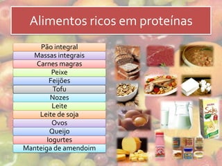 Alimentos ricos em proteínas
     Pão integral
  Massas integrais
   Carnes magras
         Peixe
        Feijões
         Tofu
        Nozes
         Leite
    Leite de soja
         Ovos
        Queijo
       Iogurtes
Manteiga de amendoim
 
