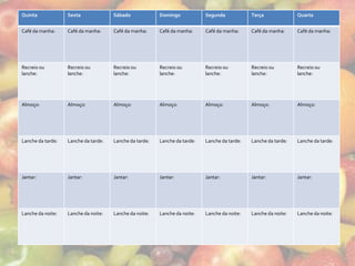 Quinta             Sexta              Sábado             Domingo            Segunda            Terça              Quarta


Café da manha:     Café da manha:     Café da manha:     Café da manha:     Café da manha:     Café da manha:     Café da manha:




Recreio ou         Recreio ou         Recreio ou         Recreio ou         Recreio ou         Recreio ou         Recreio ou
lanche:            lanche:            lanche:            lanche:            lanche:            lanche:            lanche:




Almoço:            Almoço:            Almoço:            Almoço:            Almoço:            Almoço:            Almoço:




Lanche da tarde:   Lanche da tarde:   Lanche da tarde:   Lanche da tarde:   Lanche da tarde:   Lanche da tarde:   Lanche da tarde:




Jantar:            Jantar:            Jantar:            Jantar:            Jantar:            Jantar:            Jantar:




Lanche da noite:   Lanche da noite:   Lanche da noite:   Lanche da noite:   Lanche da noite:   Lanche da noite:   Lanche da noite:
 