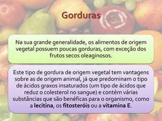 Gorduras

 Na sua grande generalidade, os alimentos de origem
 vegetal possuem poucas gorduras, com exceção dos
              frutos secos oleaginosos.

Este tipo de gordura de origem vegetal tem vantagens
 sobre as de origem animal, já que predominam o tipo
  de ácidos graxos insaturados (um tipo de ácidos que
     reduz o colesterol no sangue) e contém várias
substâncias que são benéficas para o organismo, como
       a lecitina, os fitosteróis ou a vitamina E.
 