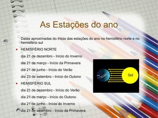 As Estações do ano
Datas aproximadas do início das estações do ano no hemisfério norte e no
hemisfério sul
HEMISFÉRIO NORTE
dia 21 de dezembro - Início do Inverno
dia 21 de março - Início da Primavera
dia 21 de junho - Início do Verão
dia 23 de setembro - Início do Outono
HEMISFÉRIO SUL
dia 21 de dezembro - Início do Verão
dia 21 de março - Início do Outono
dia 21 de junho - Início do Inverno
dia 21 de setembro - Início da Primavera
 