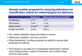 2012-02-12   7




  Already another proposal for chancing definitions for
  classification criteria for meteorological ice detectors
                          Stationary    More demanding for testing?
                             o             o
 Temperature              -5 C          -5 C
 Wind speed               7 m/s         7 m/s
                                  3             3
 Water content            0,2 g/m       1 g/m
 Droplet size MVD         20 µm         20 µm

§  Two criteria: detection speed and ability to recover
§  ”Stationary conditions” are more common
§  ”More demanding” is putting emphasis on ability to recover (and
    practicality for testing).

§  The industry is not ready for a complicated classification method
    which shoud include a matrix of conditions, but a need to have
    common rules exists:
 