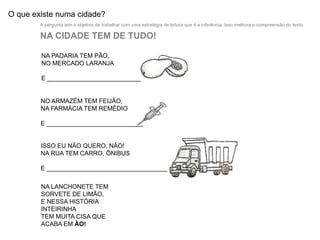 O que existe numa cidade?
A pergunta tem o objetivo de trabalhar com uma estratégia de leitura que é a inferência. Isso melhora a compreensão do texto.
NA CIDADE TEM DE TUDO!
NA PADARIA TEM PÃO,
NO MERCADO LARANJA
E ___________________________
NO ARMAZÉM TEM FEIJÃO,
NA FARMÁCIA TEM REMÉDIO
E ____________________________
ISSO EU NÃO QUERO, NÃO!
NA RUA TEM CARRO, ÔNIBUS
E ___________________________________
NA LANCHONETE TEM
SORVETE DE LIMÃO,
E NESSA HISTÓRIA
INTEIRINHA
TEM MUITA CISA QUE
ACABA EM ÃO!
 