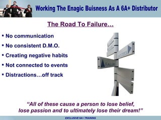The Road To Failure… No communication No consistent D.M.O. Creating negative habits Not connected to events Distractions…off track “ All of these cause a person to lose belief, lose passion and to ultimately lose their dream!” EXCLUSIVE 6A+ TRAINING 
